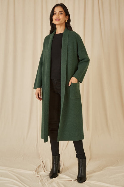 Yumi Green Knitted Maxi Cardigan With Pockets