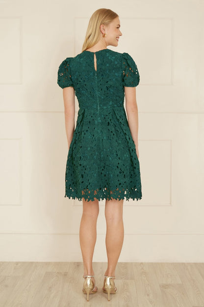 Yumi Green Lace Skater Dress With Puff Sleeves