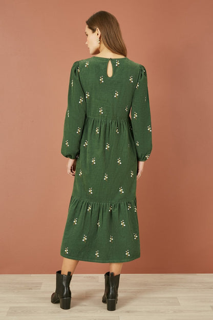 Yumi Green Long Sleeve Midi Dress With Floral Embroidery