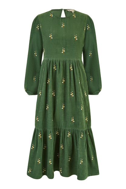 Yumi Green Long Sleeve Midi Dress With Floral Embroidery