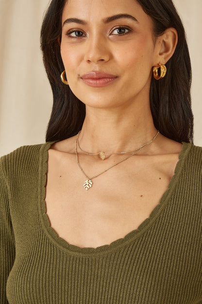 Yumi Green Metallic Knitted Ribbed Top