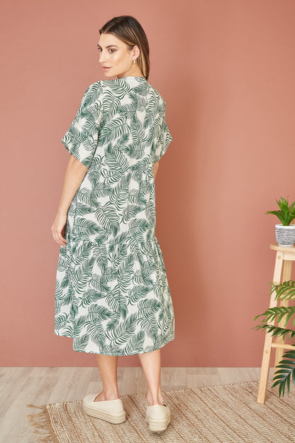 Yumi Green Organic Cotton Palm Print Tiered Tunic Dress