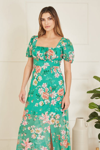 Yumi Green Recycled Floral Print Square Neck Maxi Dress With Split Hemline