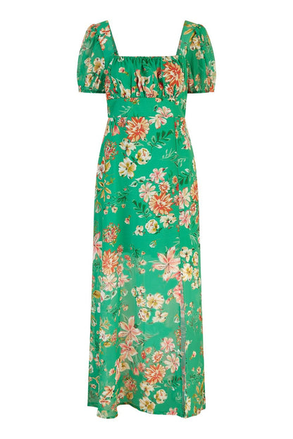 Yumi Green Recycled Floral Print Square Neck Maxi Dress With Split Hemline