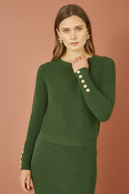 Yumi Green Rib Knitted Jumper With Sleeve Button Detail
