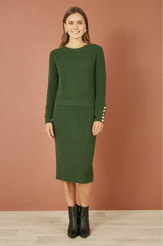 Yumi Green Rib Knitted Midi Column Skirt