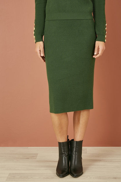 Yumi Green Rib Knitted Midi Column Skirt