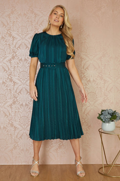 Yumi Green Satin Striped Midi Dress With Pleats and Matching Belt