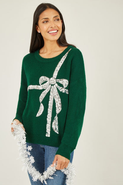 Yumi Green Sequin Bow Knitted Jumper