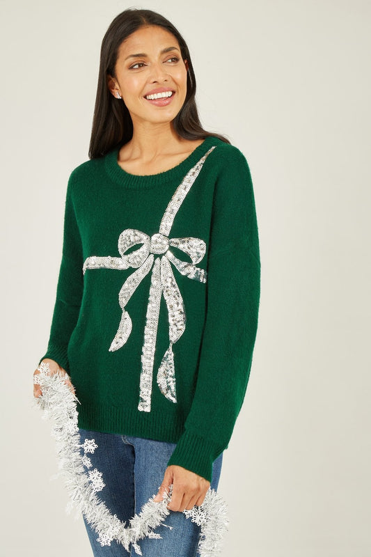 Yumi Green Sequin Bow Knitted Jumper