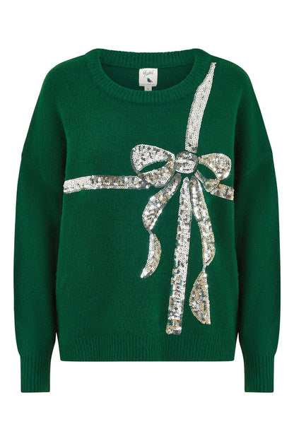 Yumi Green Sequin Bow Knitted Jumper