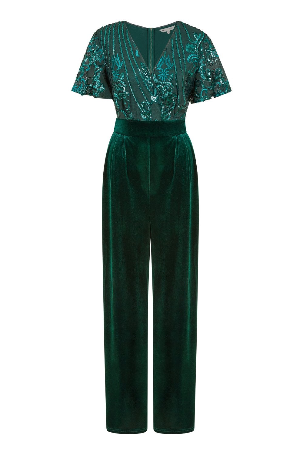 Yumi Green Sequin Embellished Velvet Jumpsuit With Angel Sleeves