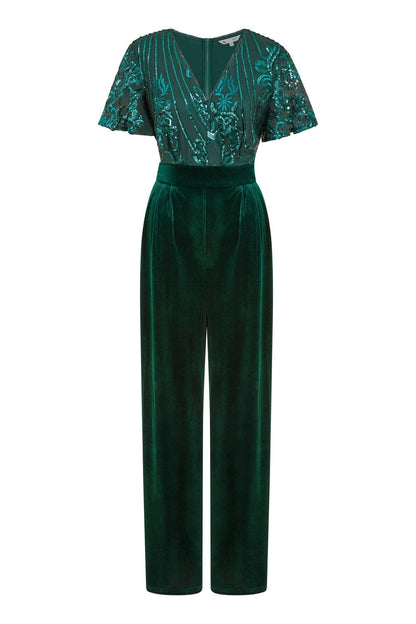 Yumi Green Sequin Embellished Velvet Jumpsuit With Angel Sleeves