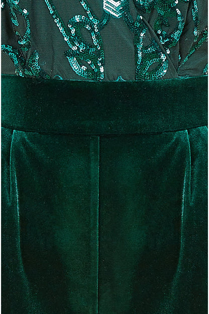 Yumi Green Sequin Embellished Velvet Jumpsuit With Angel Sleeves