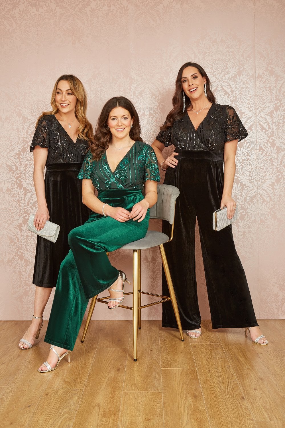 Yumi Green Sequin Embellished Velvet Jumpsuit With Angel Sleeves
