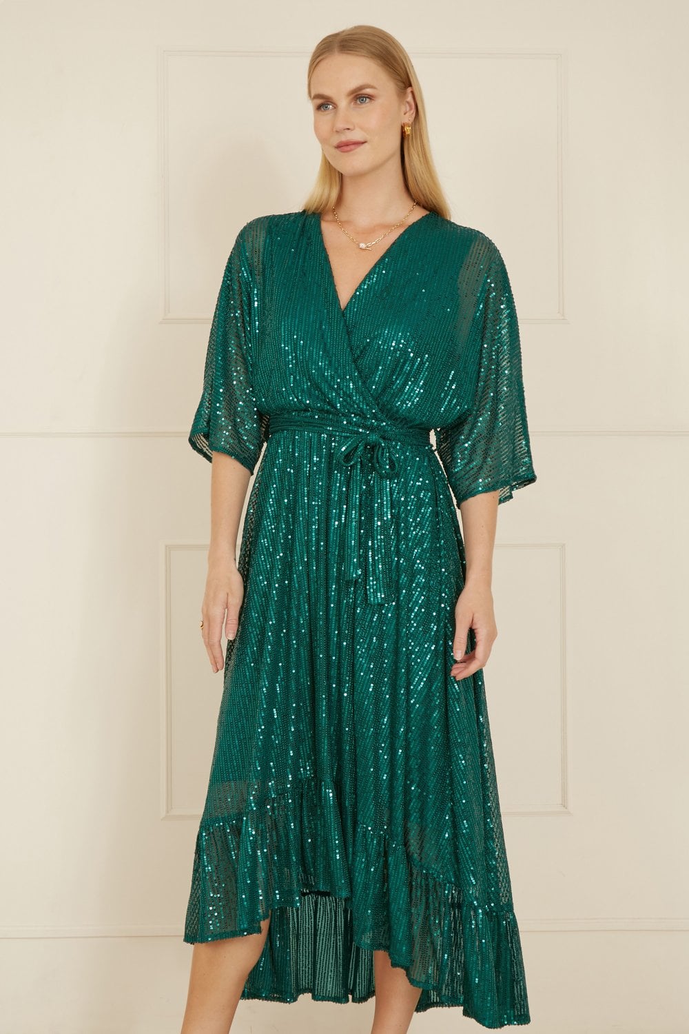 Yumi Green Sequin Kimono Midi Wrap Dress
