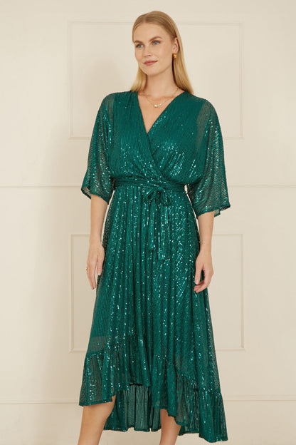 Yumi Green Sequin Kimono Midi Wrap Dress