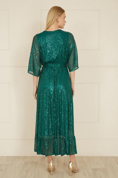 Yumi Green Sequin Kimono Midi Wrap Dress