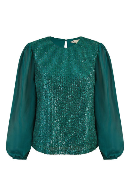 Yumi Green Sequin Top With Sheer Sleeves