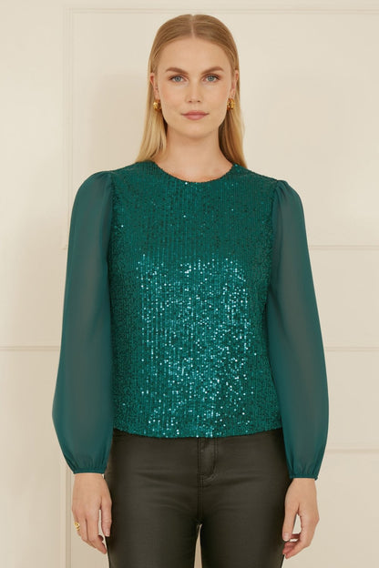 Yumi Green Sequin Top With Sheer Sleeves