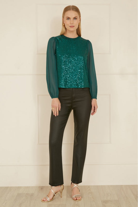 Yumi Green Sequin Top With Sheer Sleeves