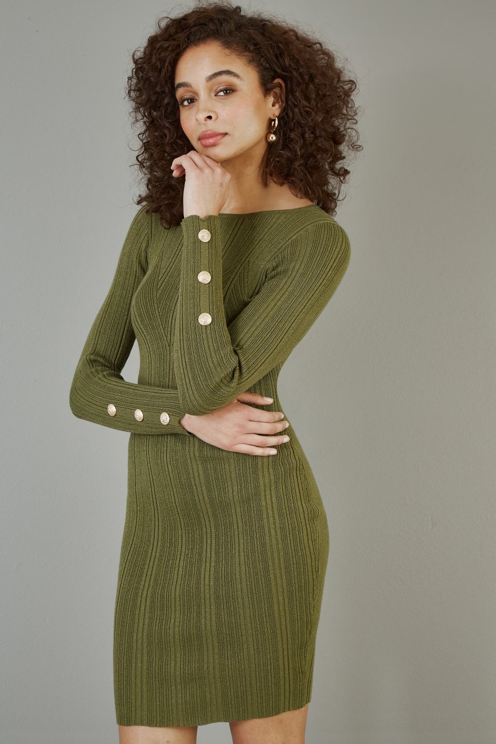 Yumi Green Shimmer Fitted Midi Dress With Button