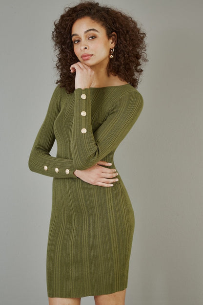 Yumi Green Shimmer Fitted Midi Dress With Button