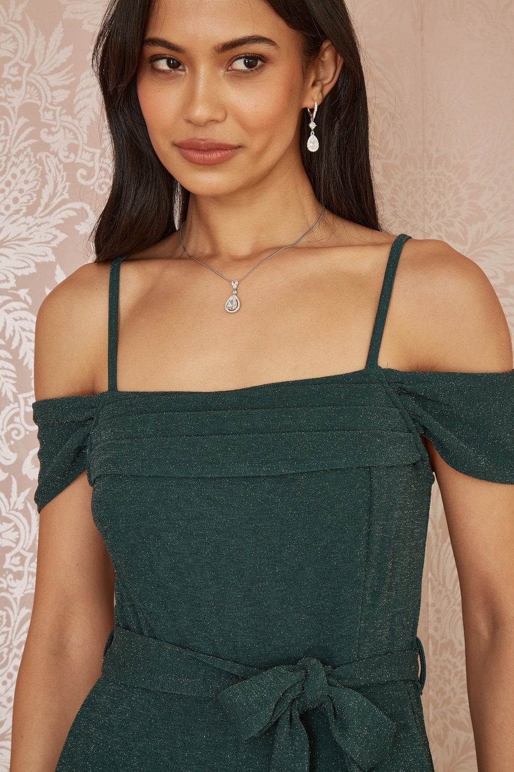 Yumi Green Sparkle Stretch Bardot Jumpsuit