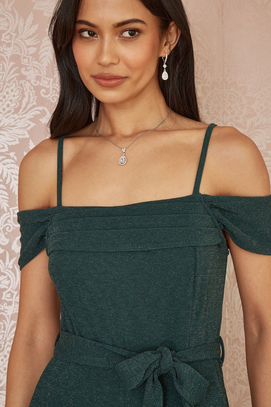 Yumi Green Sparkle Stretch Bardot Jumpsuit