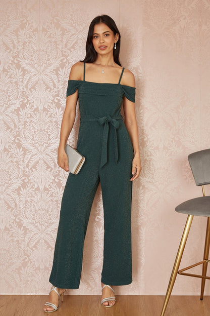Yumi Green Sparkle Stretch Bardot Jumpsuit