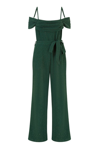 Yumi Green Sparkle Stretch Bardot Jumpsuit