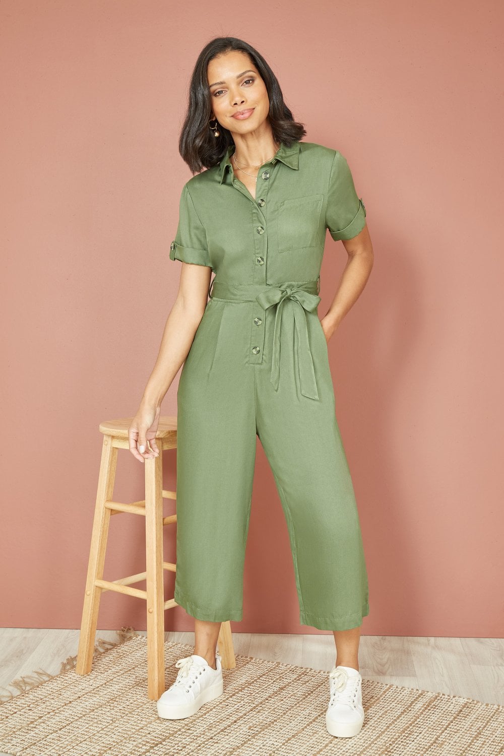 Yumi Green Twill Viscose Utility Jumpsuit