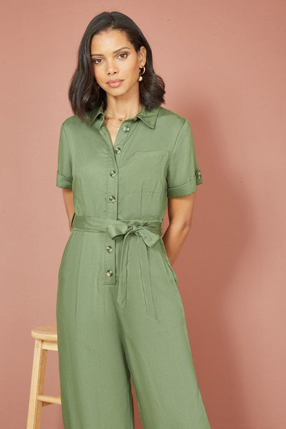 Yumi Green Twill Viscose Utility Jumpsuit
