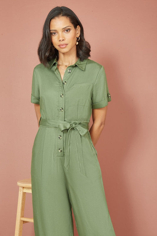 Yumi Green Twill Viscose Utility Jumpsuit