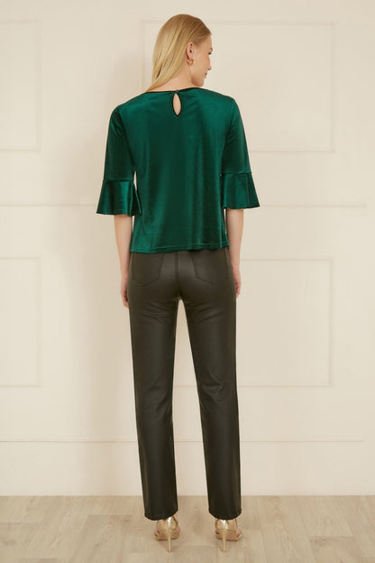 Yumi Green Velvet Relaxed Fit Top With Fluted Sleeves