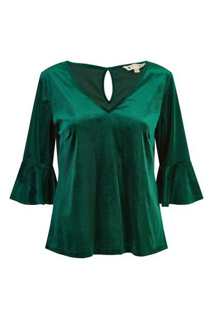 Yumi Green Velvet Relaxed Fit Top With Fluted Sleeves