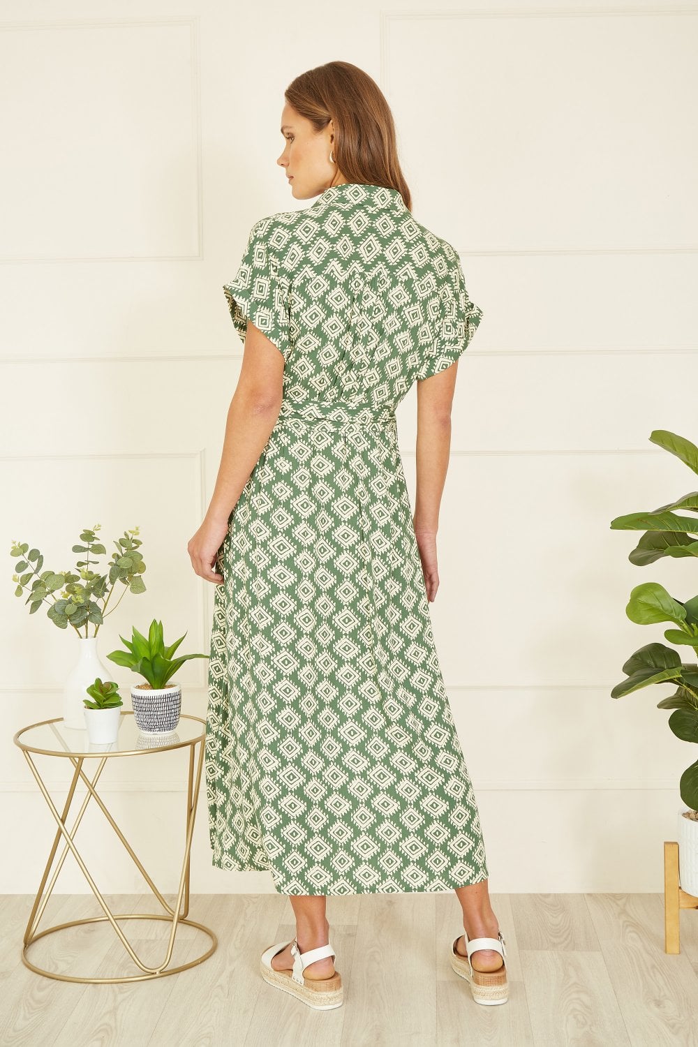 Yumi Green Viscose Midi Shirt Dress With Matching Belt
