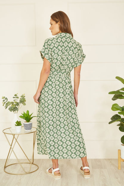 Yumi Green Viscose Midi Shirt Dress With Matching Belt