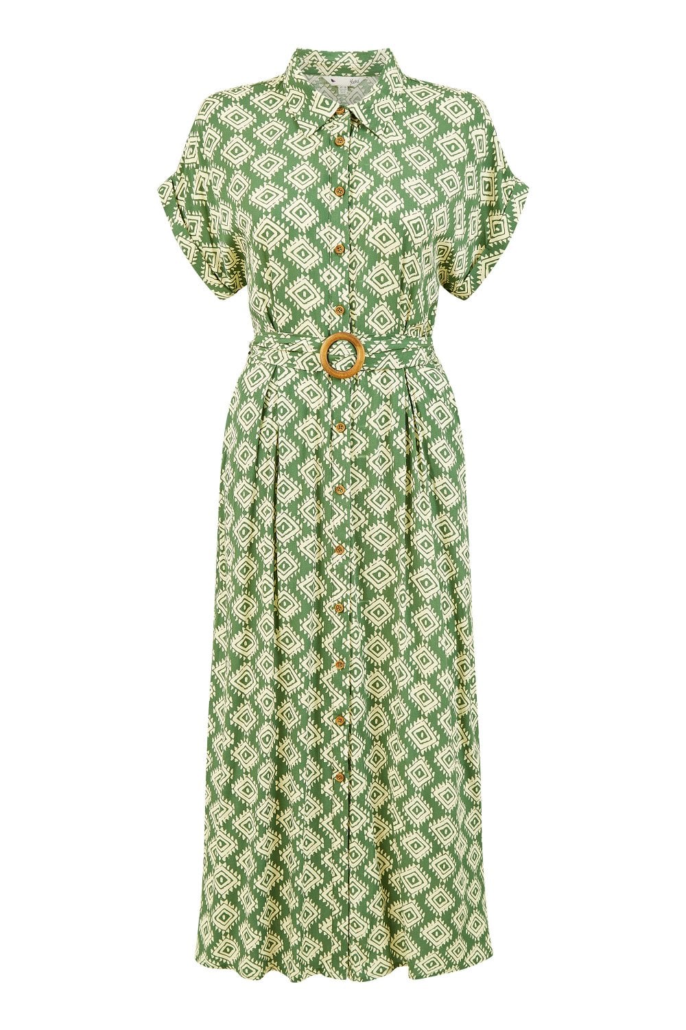 Yumi Green Viscose Midi Shirt Dress With Matching Belt