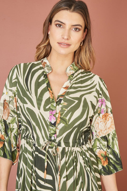 Yumi Green Viscose Zebra And Floral Print Midi Dress