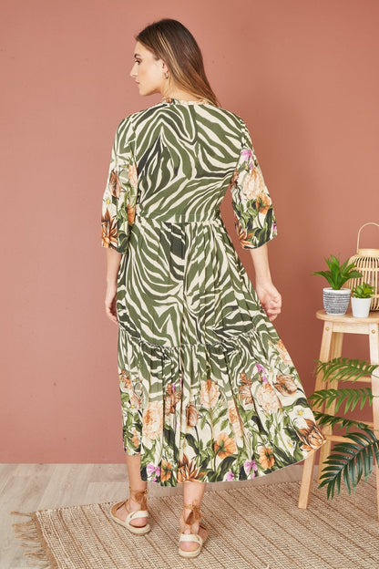 Yumi Green Viscose Zebra And Floral Print Midi Dress
