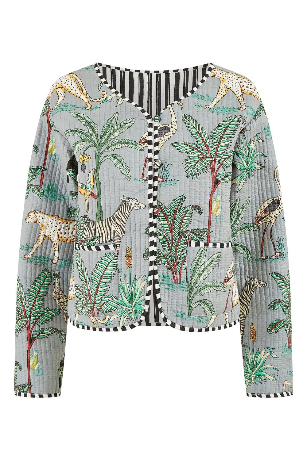 Yumi Grey Animal Print Reversible Cotton Cropped Quilted Jacket
