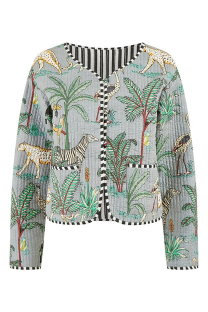 Yumi Grey Animal Print Reversible Cotton Cropped Quilted Jacket