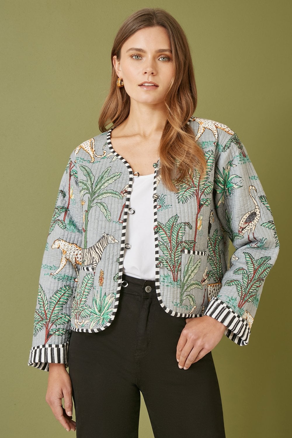 Yumi Grey Animal Print Reversible Cotton Cropped Quilted Jacket