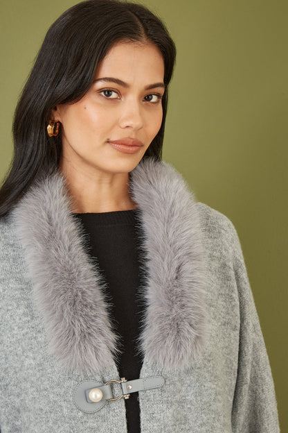 Yumi Grey Cardigan With Detachable Fur Collar Trim