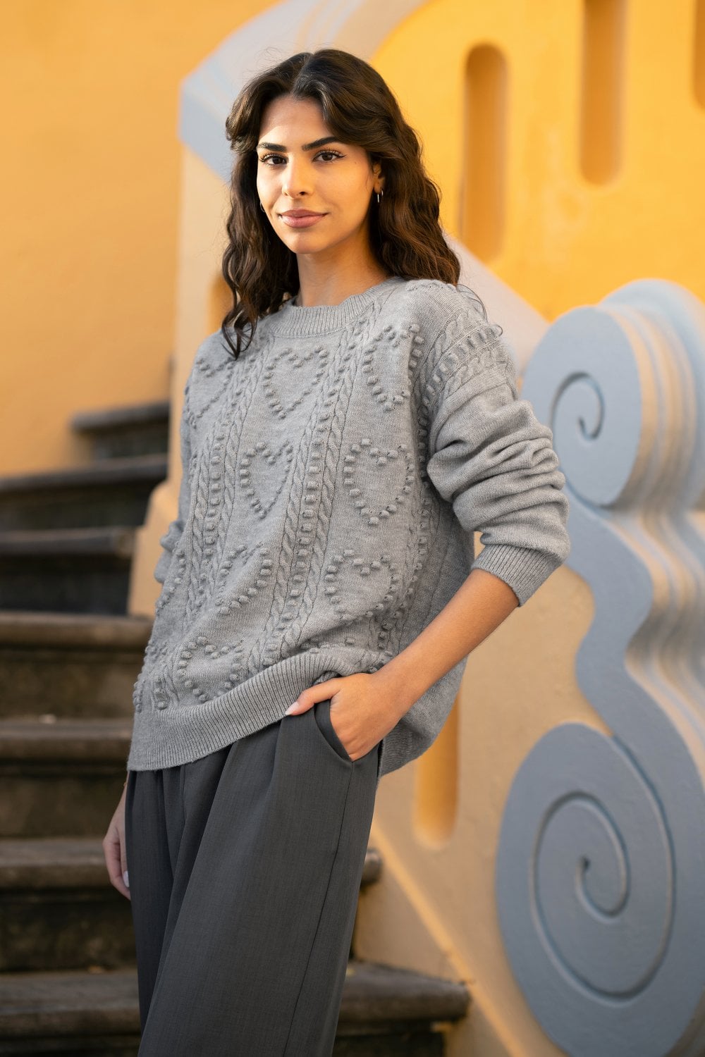 Yumi Grey Heart Knit Relaxed Jumper
