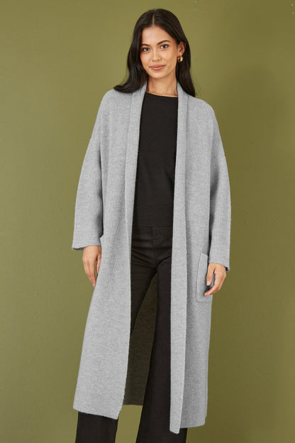 Yumi Grey Knitted Maxi Cardigan With Pockets