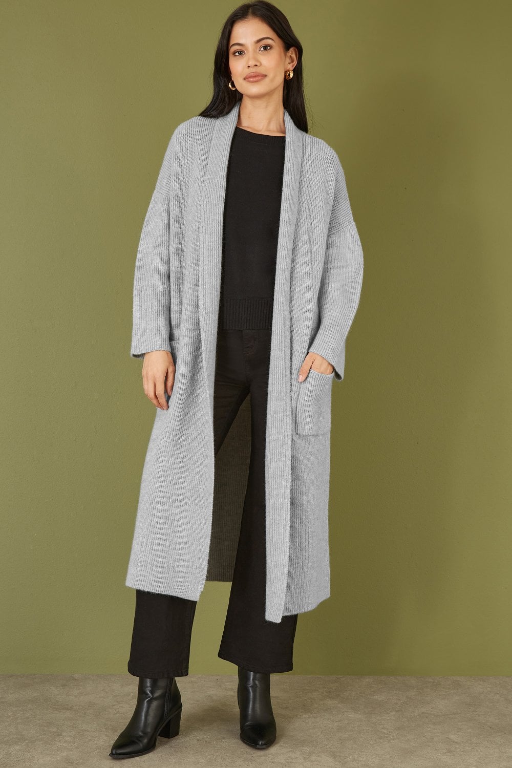 Yumi Grey Knitted Maxi Cardigan With Pockets