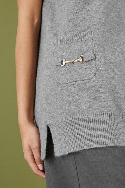 Yumi Grey Knitted Oversize Vest With Pockets And Snaffle Details