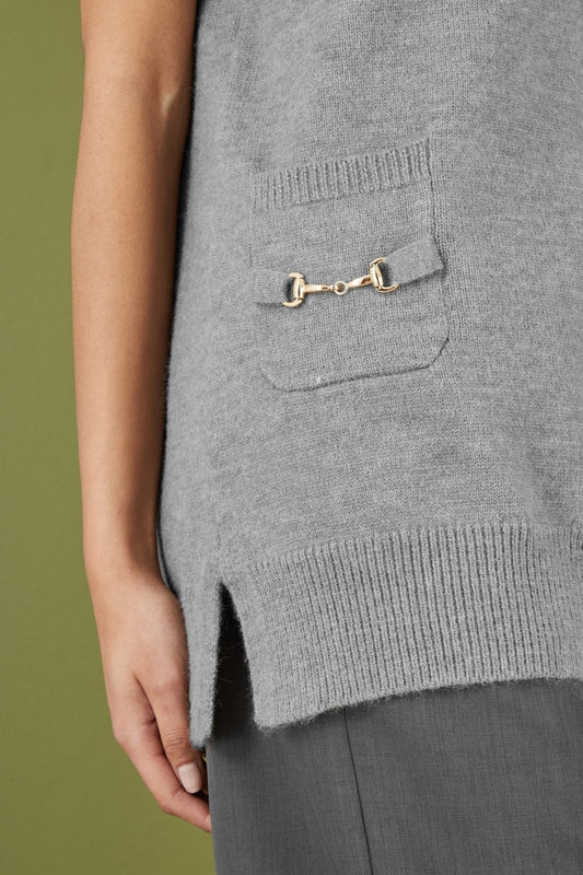 Yumi Grey Knitted Oversize Vest With Pockets And Snaffle Details